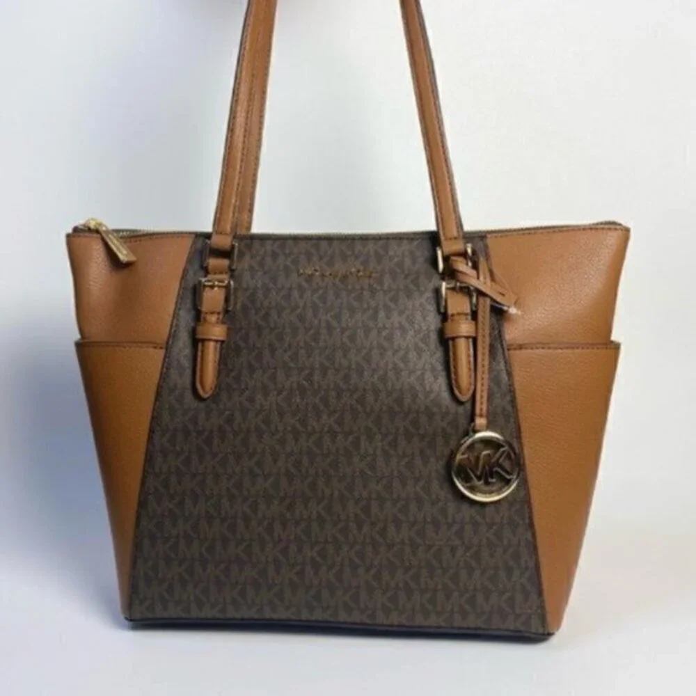 NEW Michael Kors Charlotte Large Logo Top-Zip Tote Carryall Bag in Brown